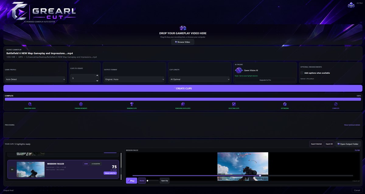 GrearlCut app interface showing AI-detected gameplay highlight clips ready to export