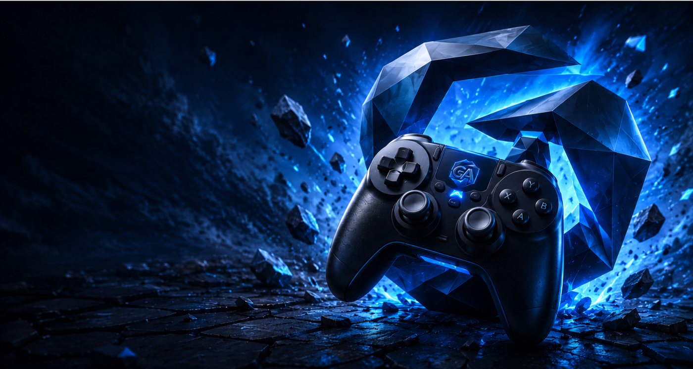 Stylized game controller emerging from a shattering blue crystal